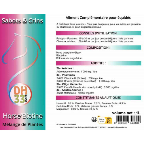 Horse'Biotine Liquide 1L - Source de  Biotine Cheval - DistriHorse33